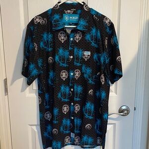 Maui Brewing CO Blue  and Black Tropical Men's Shirt palm trees and turtles